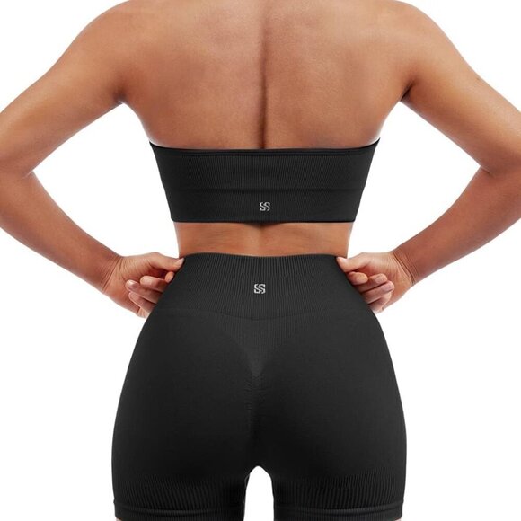 Women Seamless Ribbed Workout Set Backless Sports Bra Booty Biker Short - Picture 1 of 7